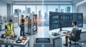 Rooted Technics professional technician performing commercial HVAC maintenance and VRF system installation